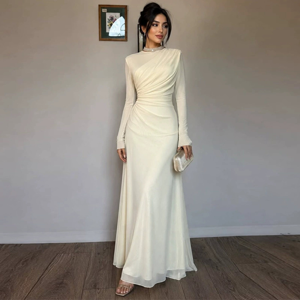 Forever 21 Vintage Pleated Long-Sleeve Round-Neck White Elegant Maxi Dress
